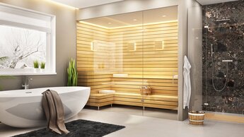 Modernes helles Badezimmer mit Sauna | © Adobe Stock