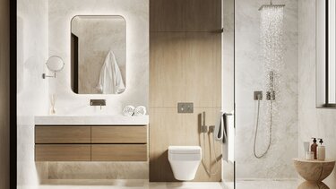 Modernes Badezimmer mit Details aus Holz und weißem Marmor | © Adobe Stock